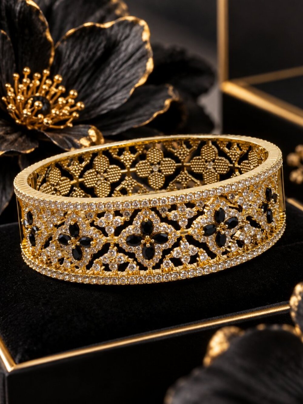 Gold Tone Black Clear Rhinestone Floral Wide Hinged Cuff Bangle Bracelet party